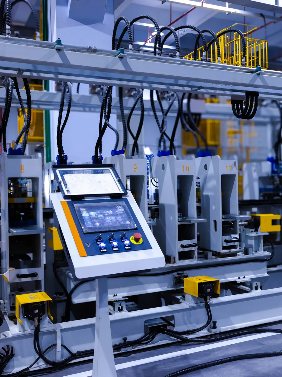 Production line machinery with an operator touchscreen panel and emergency stop