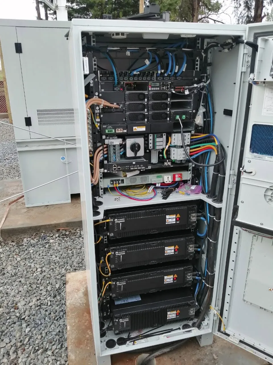 Site power cabinet: Outdoor cabinet with rectifier modules and lithium battery backup.