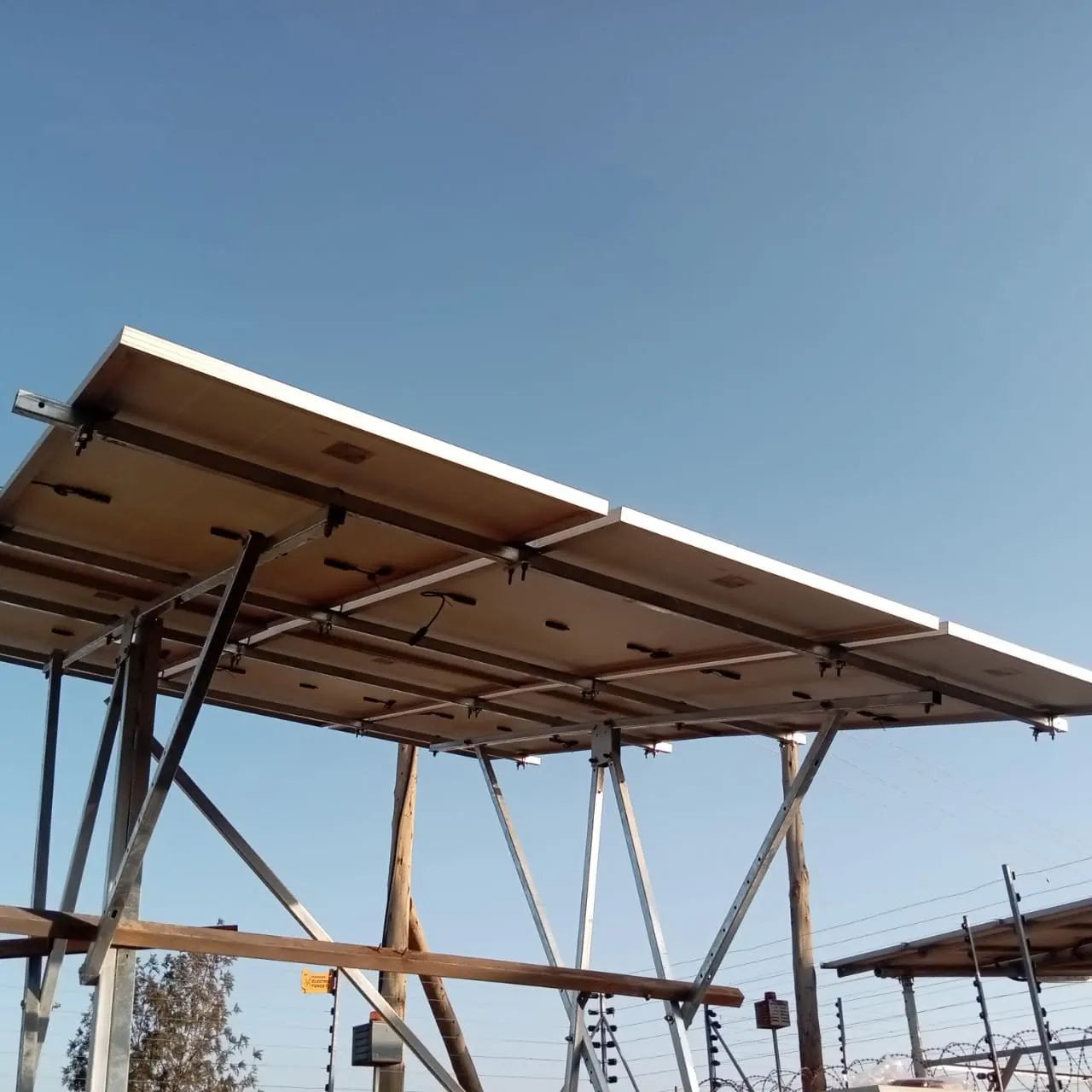 Solar mounting frame: Galvanised PV mounting frame seen from below.